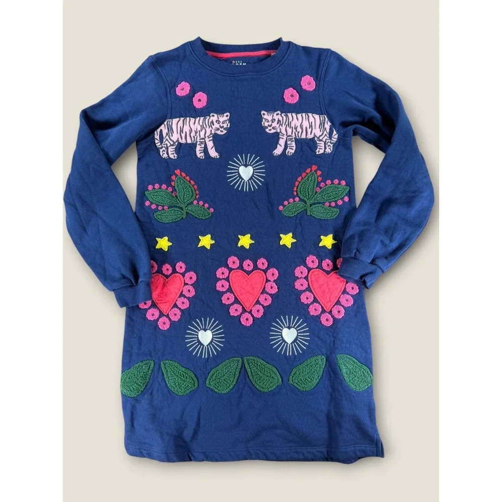 Mini Boden Girls Navy Blue Tiger Heart Embroidered Sweatshirt Dress 11-12Y